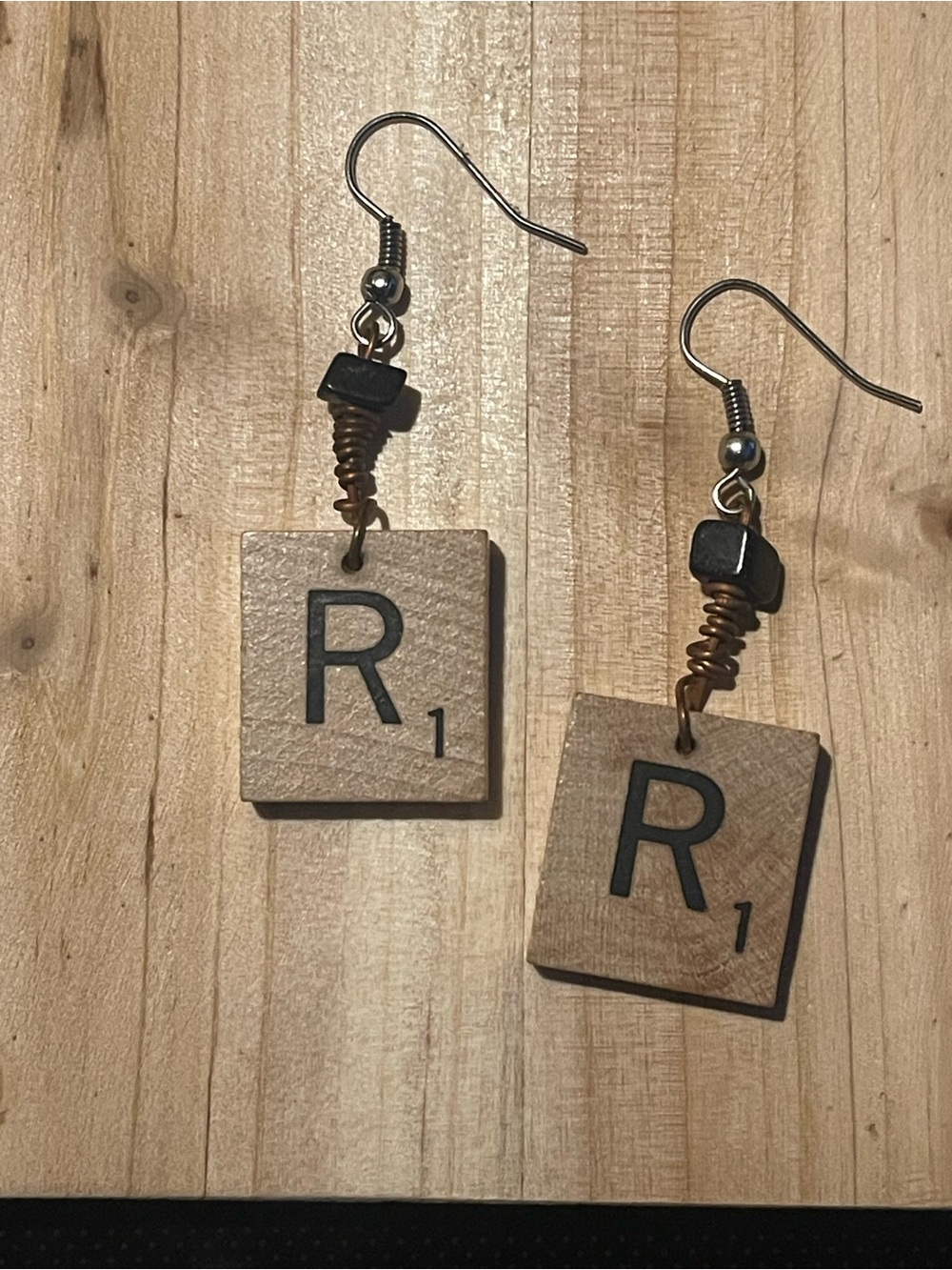 Handcrafted 'R' Scrabble Tile Earrings in Natural Wood